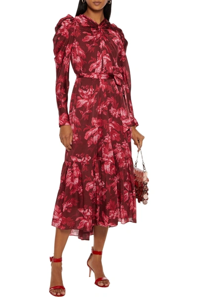 Shop Zimmermann Ladybeetle Belted Knotted Floral-print Crepe De Chine Midi Dress In Crimson