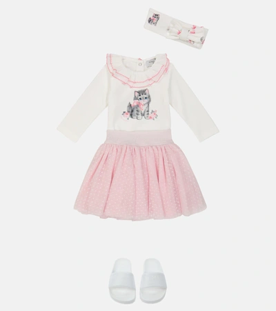 Monnalisa Baby Cotton Onesie, Skirt And Headband Set In White