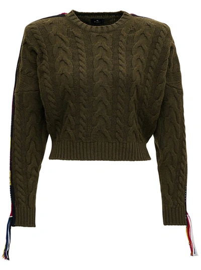 Shop Etro Crop Sweater With Jacquard Detail And Tassels In Green