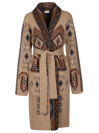 Shop Etro Abstract Pattern Intarsia Belted Coat In Multi