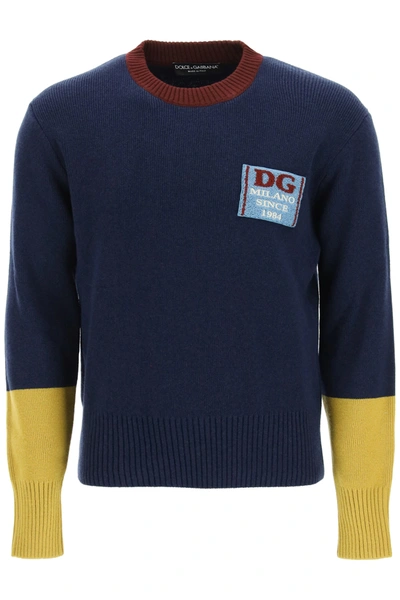 Shop Dolce & Gabbana Wool Sweater With Logo Patch In Blue,yellow,red