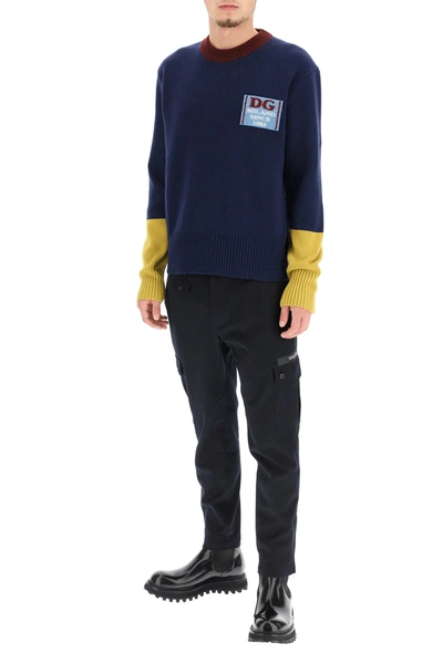 Shop Dolce & Gabbana Wool Sweater With Logo Patch In Blue,yellow,red