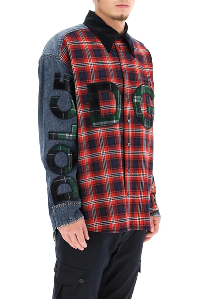 Shop Dolce & Gabbana Oversized Denim And Flannel Shirt With Logo In Red,blue,green