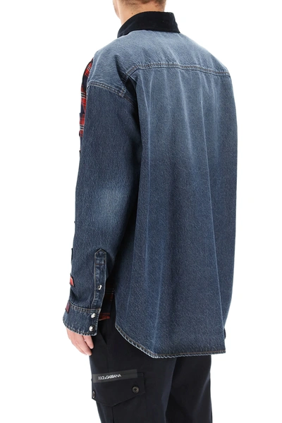 Shop Dolce & Gabbana Oversized Denim And Flannel Shirt With Logo In Red,blue,green