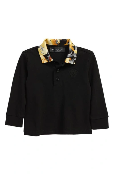 Shop Versace Kids' Baroccoflage Collar Long Sleeve Polo In Black Gold