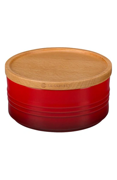 Shop Le Creuset Glazed Stoneware 23 Ounce Storage Canister With Wooden Lid In Cherry