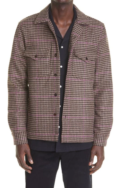 Shop Officine Generale Jonas Houndstooth Check Wool Button-up Overshirt In Brown/beige/burgundy