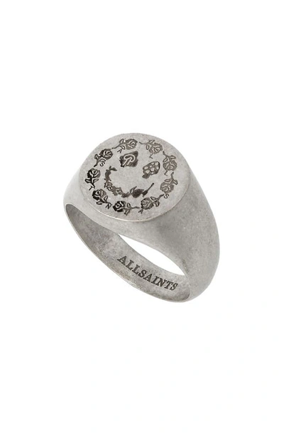 Shop Allsaints Engraved Smile Sterling Silver Signet Ring In Warm Silver