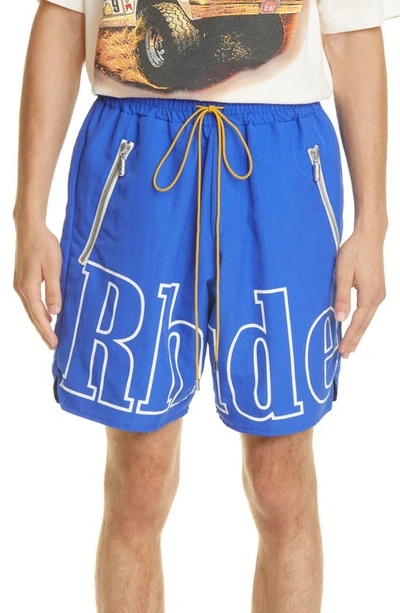 Shop Rhude Logo Nylon Shorts In Blue/ White