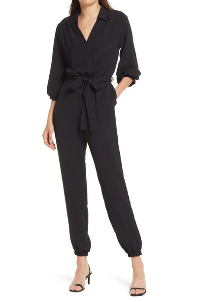 Shop Fraiche By J Tie Waist Long Sleeve Jumpsuit In Black