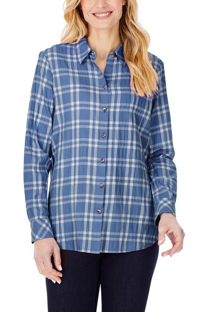 Shop Foxcroft Rhea Plaid Button-up Tunic Shirt In Blue Bliss