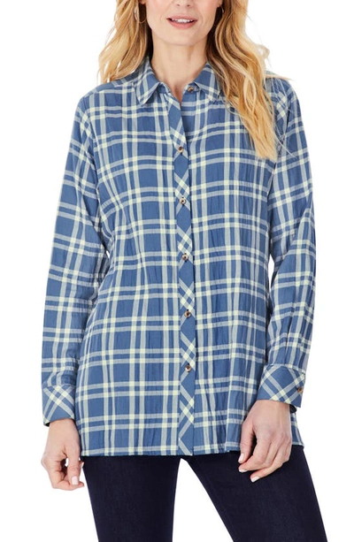 Shop Foxcroft Santino Plaid Button-up Tunic Shirt In Blue Bliss