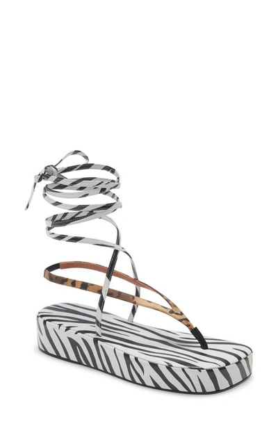 Shop Amina Muaddi Ankle Tie Platform Sandal In Leopard Satin/ Zebra Nappa