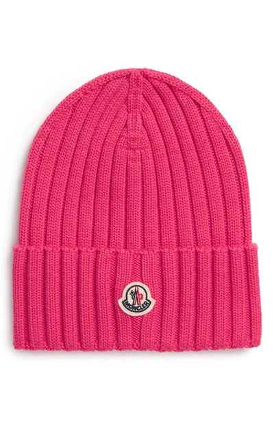 Shop Moncler Logo Rib Virgin Wool Beanie In 559 Dark Pink