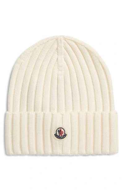 Shop Moncler Logo Rib Virgin Wool Beanie In 030 White