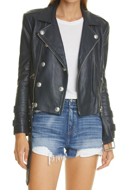 Shop L Agence Billie Belted Leather Moto Jacket In Midnight