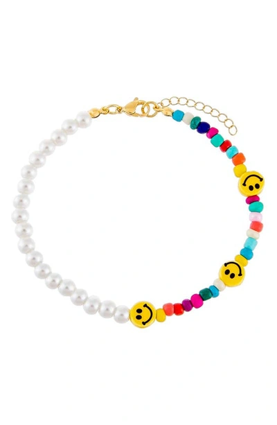 Shop Adinas Jewels Smiley Face Imitation Pearl Anklet In Multi-color