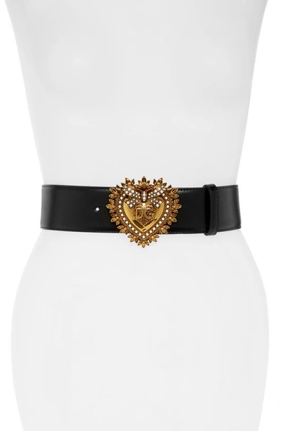 Shop Dolce & Gabbana Devotion Logo Heart Buckle Leather Belt In Nero