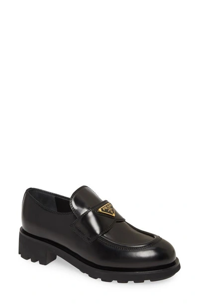 Shop Prada Logo Block Heel Penny Loafer In Black