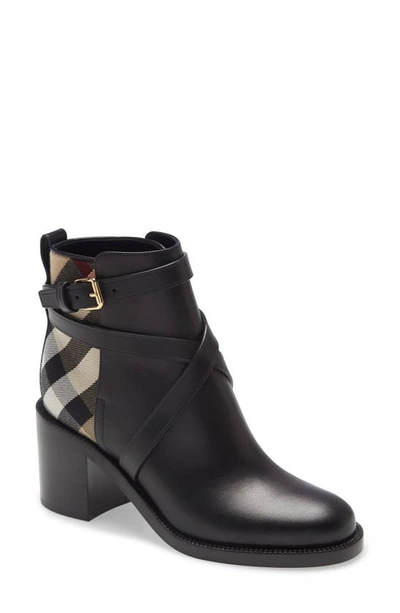 Shop Burberry Pryle Check Block Heel Bootie In Black-archive Beige