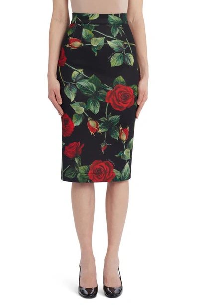 Shop Dolce & Gabbana Rose Print Neoprene Pencil Skirt In Black Rose
