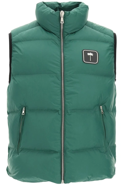 Shop Palm Angels Puffer Vest With Palm Tree Logo In Green White (green)