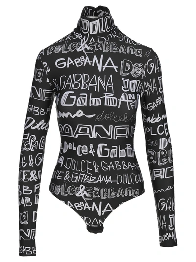 Shop Dolce & Gabbana Spandex Jersey Bodysuit With Dg Graffiti Print In Logo Black