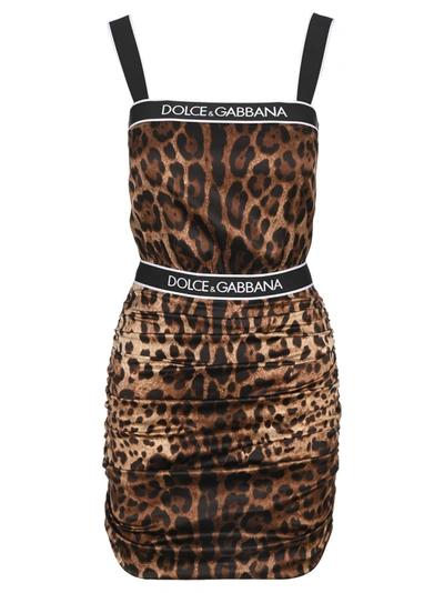 Shop Dolce & Gabbana Leopard-print Stretch Satin Minidress With Branded Elastic