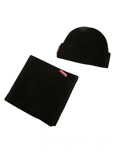 Shop Dsquared2 Ribbed Knit Beanie Set In Black