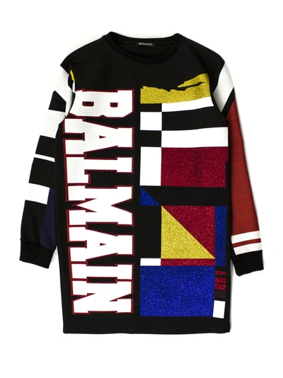 Shop Balmain Sweatshirt Dress In Black Fabric In Multicolor