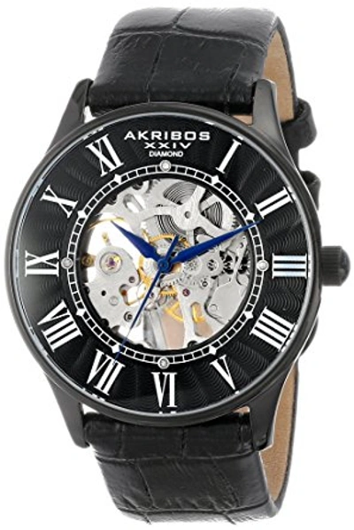 Shop Akribos Xxiv Black Skeleton Dial Mens Leather Watch Ak499bk In Black,blue