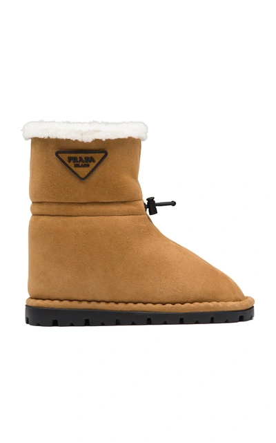 Shop Prada Shearling Ankle Boots In Brown
