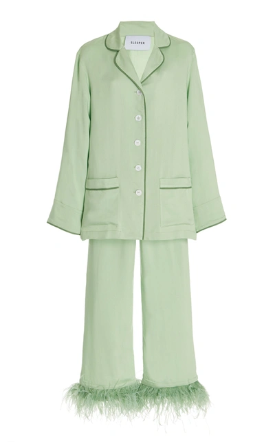 Shop Sleeper Women's Party Feather-trimmed Woven Pajama Set In Green