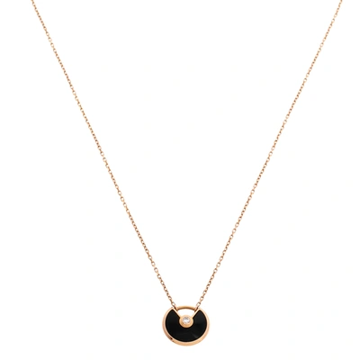 Pre-owned Cartier 18k Rose Gold Diamond & Onyx Pendant Necklace Xs