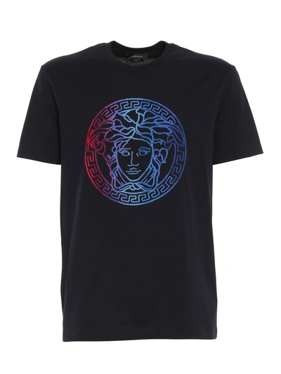 Shop Versace Logo Embroidery T-shirt In Blue