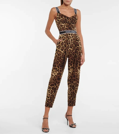 Shop Dolce & Gabbana Leopard-print Silk-blend Jumpsuit In Brown