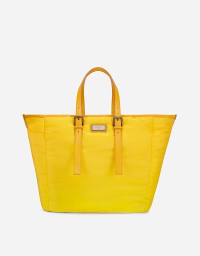 Shop Dolce & Gabbana Nylon Sicily Shopper With Branded Plate In Yellow