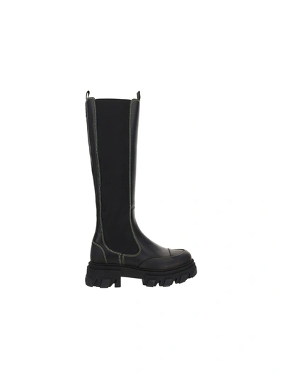 Shop Ganni Contrast Stitching Knee High Boots In Black