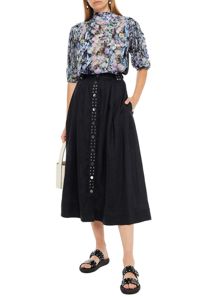 Shop Ganni Studded Pleated Linen-gauze Midi Skirt In Black