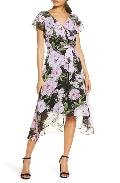 Shop Julia Jordan Floral Print Clip Dot Chiffon Dress In Black Multi