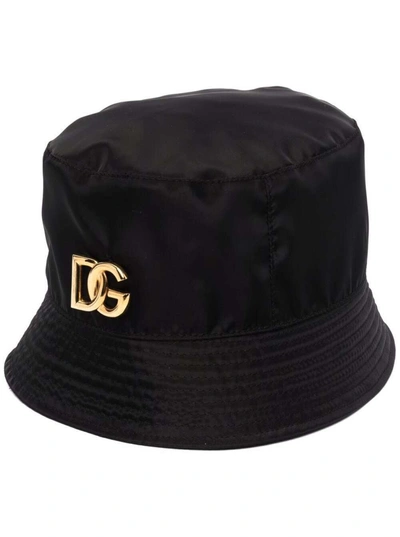 Shop Dolce & Gabbana Bucket Nylon Hat With Logo Buckle In Black
