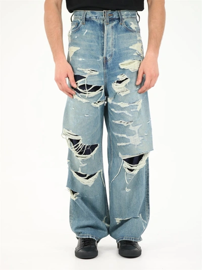 Shop Balenciaga Wide Jeans With All-over Rips In Light Blue