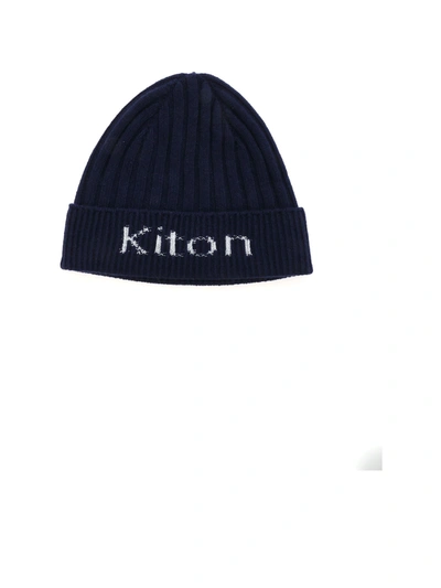 Shop Kiton Branded Cashmere Beanie In Blue