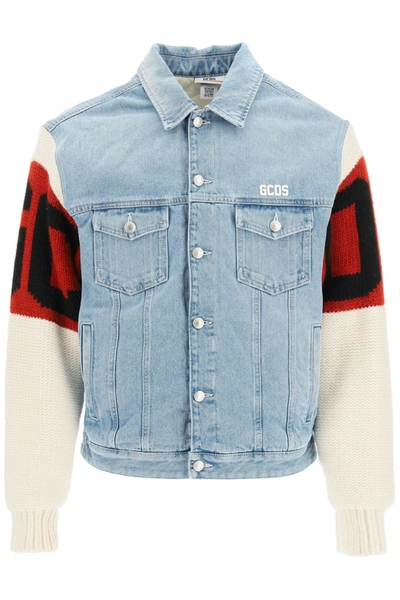 Shop Gcds Denim Jacket With Wool Sleeves In Mixed Colours