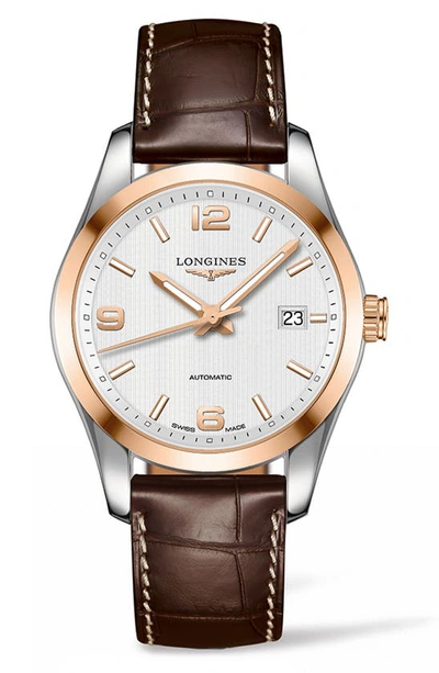 Shop Longines Conquest Classic Automatic Alligator Leather Strap Watch, 40mm In Brown/ Silver/ Gold