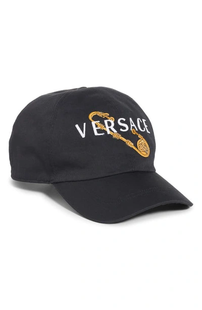 Shop Versace Safety Pin Logo Embroidered Baseball Cap In Black/ Gold