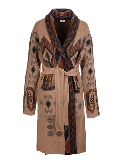 Shop Etro Woman Beige Jacquard Coat With Geometric Pattern