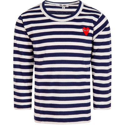 Shop Comme Des Garçons Play White And Blue Striped T-shirt With Heart For Kids