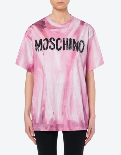 Shop Moschino Painted Logo Jersey T-shirt In Pink