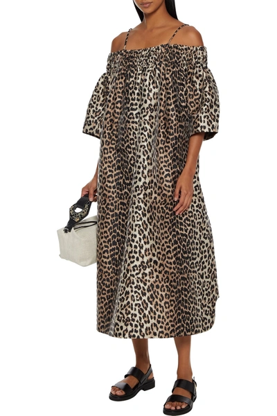 Shop Ganni Cold-shoulder Gathered Leopard-jacquard Midi Dress In Animal Print